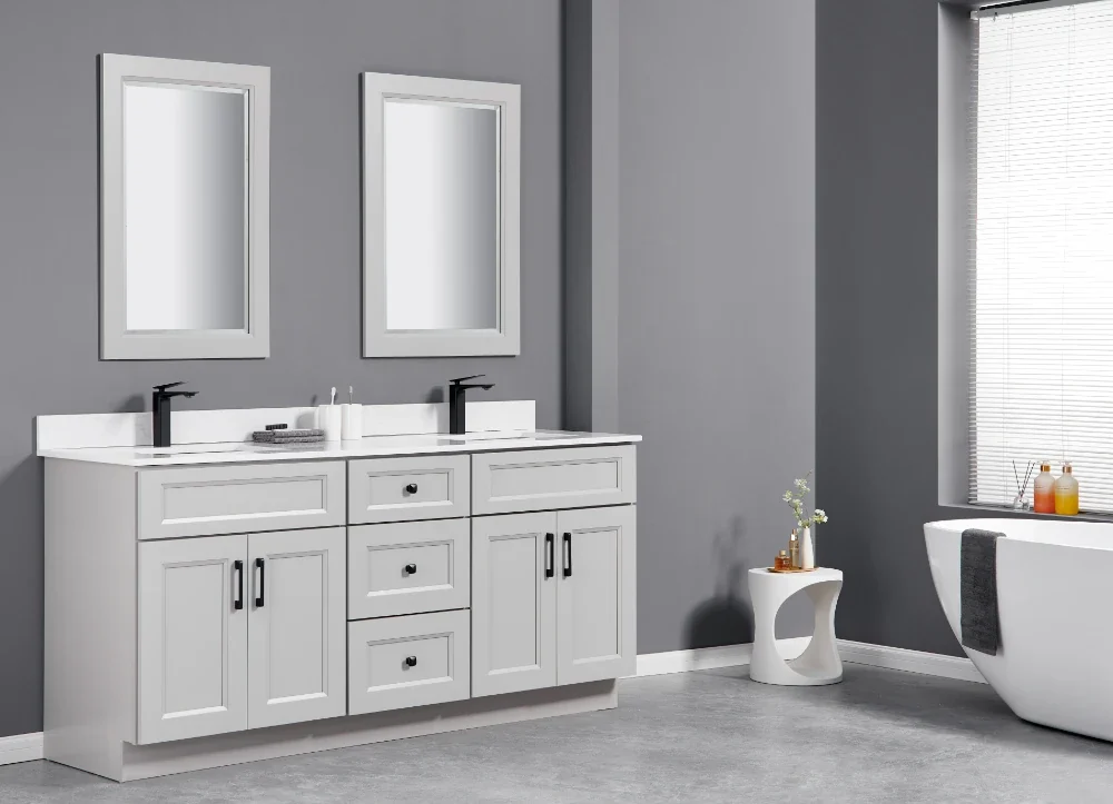 White double-sink vanity with black fixtures in a bright, modern bathroom