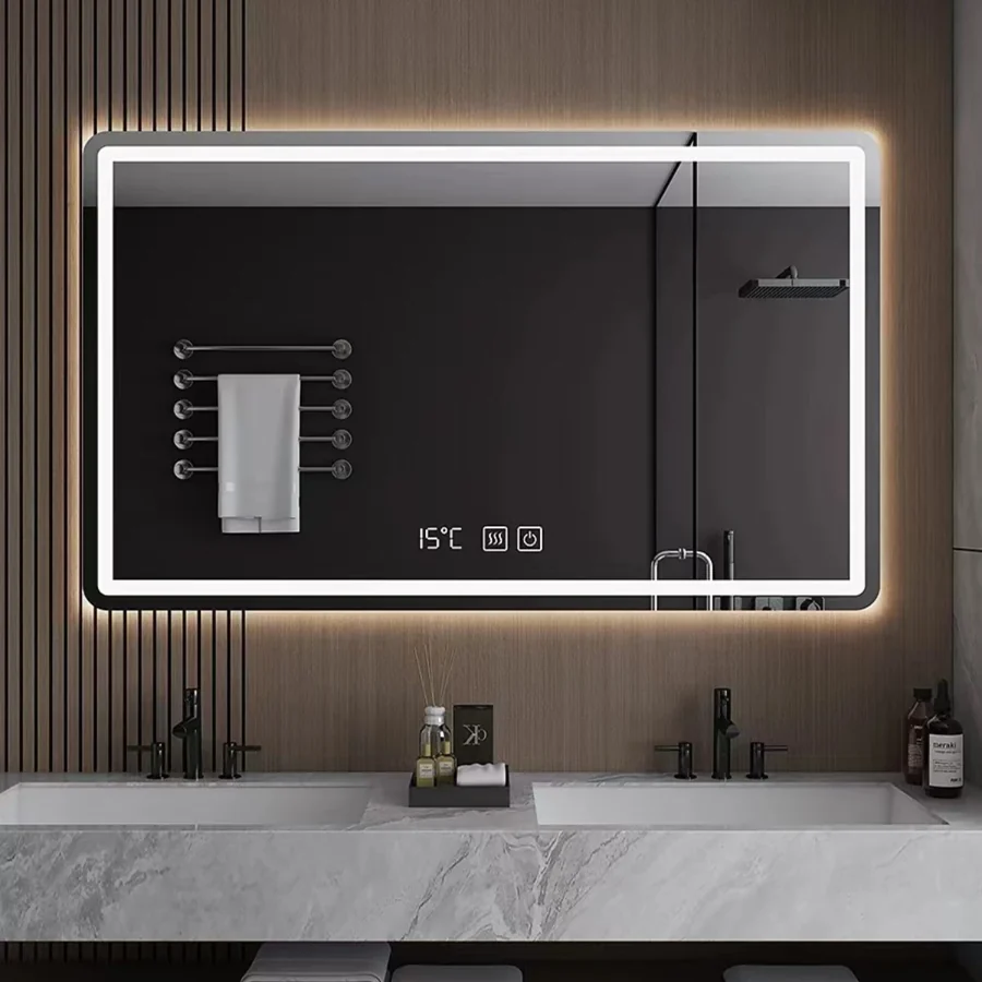 Illuminated rectangular LED mirror above a marble bathroom counter