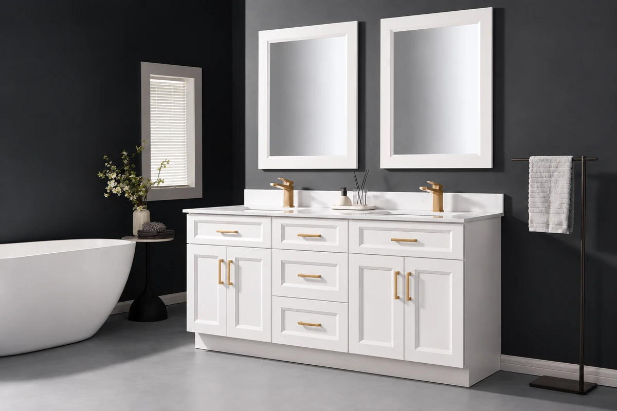 White 72-inch double-sink vanity with brass hardware and two framed mirrors